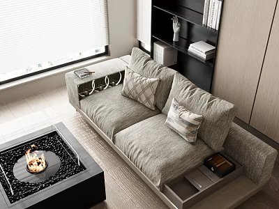 Modern Grey Fabric Loveseat With Decorative Pillows And Bookshelf Near Window 3d model