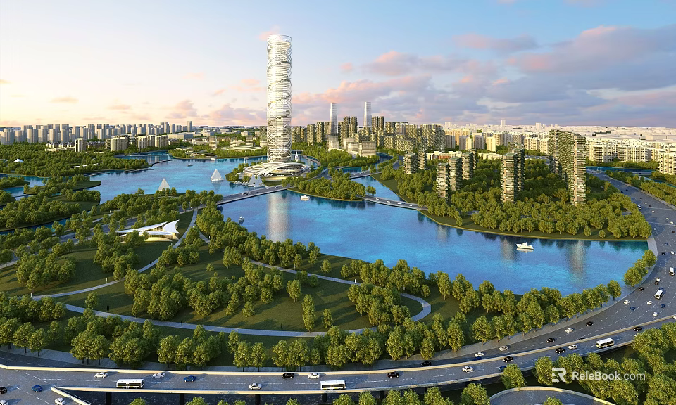 Aerial View Urban Planning Featuring Landmark Skyscraper River Green Spaces And Roads 3d model 