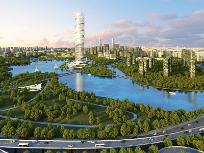 Aerial View Urban Planning Featuring Landmark Skyscraper River Green Spaces And Roads 3d model