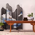 Traditional Chinese Wooden Console Table With Landscape Screen And Potted Vase Decor