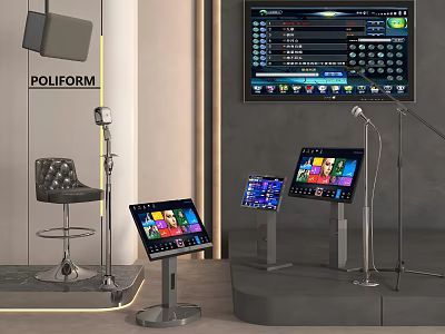 Professional Entertainment Electronics Setup With Touchscreen Displays Microphones And Control Consoles 3d model