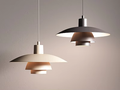 Modern Pendant Lights With White And Gray Layered Shades Hanging Against Gray Wall 3d model