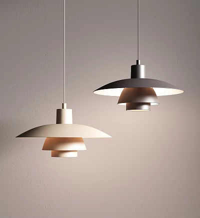 Modern Pendant Lights With White And Gray Layered Shades Hanging Against Gray Wall 3d model