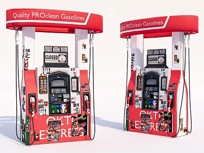 Public Gas Station With Red Fuel Pumps Quality PROlian Gasoline KOSGAR And GULF EXPRESS Signs 3d model
