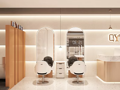 Modern Beauty Hair Salon Interior With White Chairs Mirrors And Counter Lighting 3d model