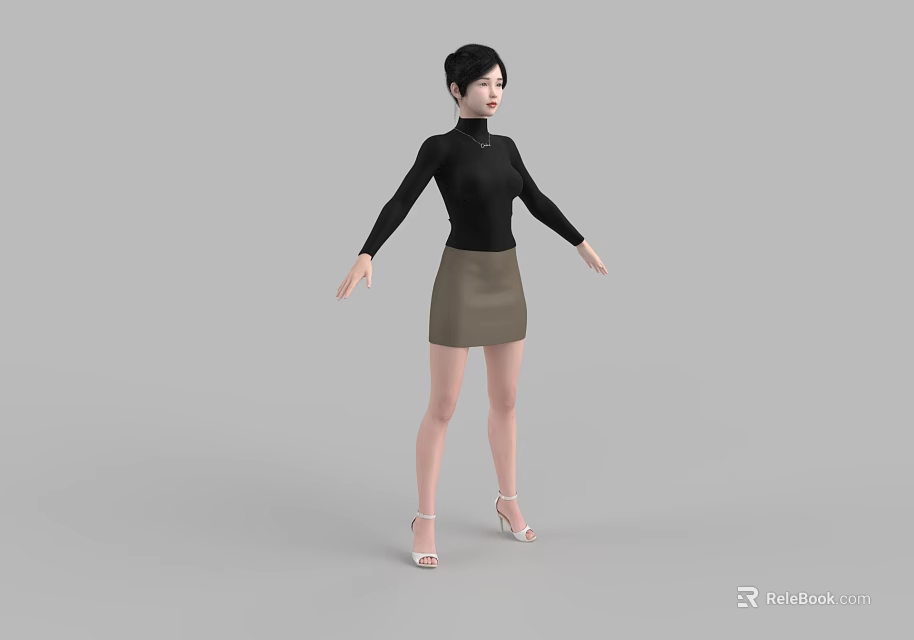 Woman in Black Turtleneck and Brown Skirt Standing with Arms Outstretched in White High Heels 3d model 