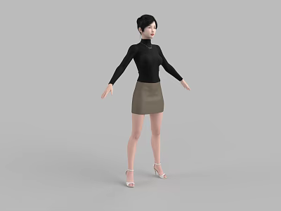 Woman in Black Turtleneck and Brown Skirt Standing with Arms Outstretched in White High Heels 3d model