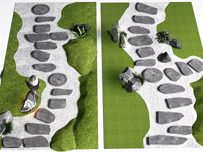 Natural Stone And Wood Garden Path Design With Green Grass And Decorative Rocks 3d model