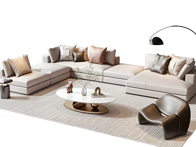 Modern Sectional Sofa And Coffee Table Set With Pillows Accent Chair And Floor Lamp 3d model
