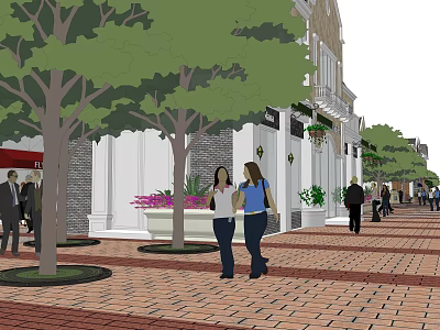 Dynamic Commercial Landscape With Brick Paved Walkway Trees Shops And Pedestrians 3d model