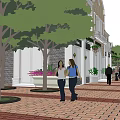 Dynamic Commercial Landscape With Brick Paved Walkway Trees Shops And Pedestrians