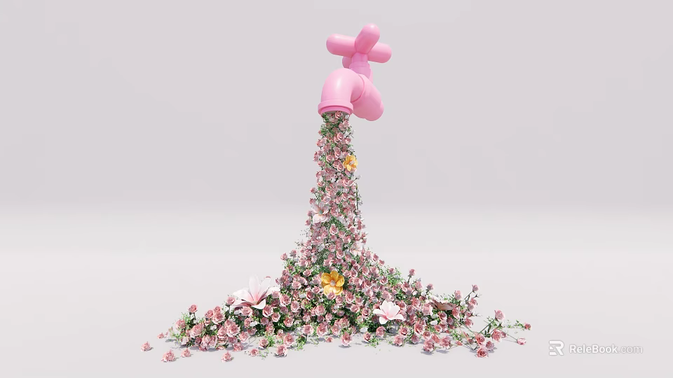 Floral Art Installation Featuring Pink Faucet With Flowing Pink And Yellow Flowers 3d model 