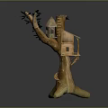Cute Little Bird Living in Cozy Treehouse with Wooden Stairs and Leafy Branches