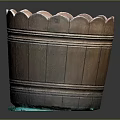 Decorative Ornaments Set Displayed in Wooden Bucket With Scalloped Edge on Green Mat