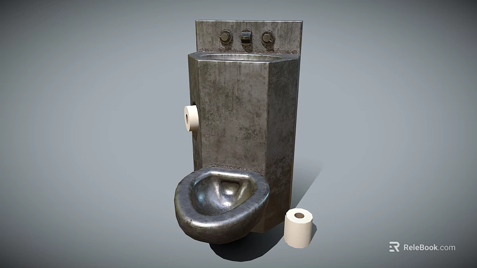 Vintage Metal Toilet With Tank And Toilet Paper Roll In Basic Setup 3d model 