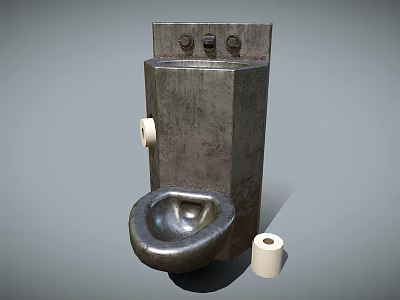 Vintage Metal Toilet With Tank And Toilet Paper Roll In Basic Setup 3d model