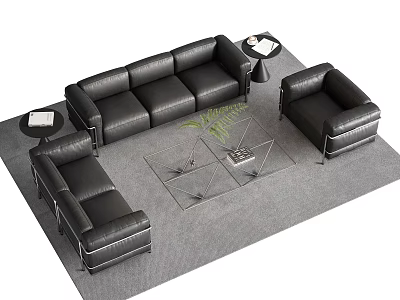 Modern Black Leather Sofa Coffee Table Set With Glass Top And Metal Frame 3d model