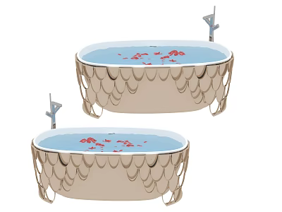 Golden Bathtub with Fish Scale Design and Red Petals Floating on Water 3d model