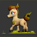 Cute Cartoon Pony Figure With Flame Mane Tail And Blue Eyes On Green Grass Base