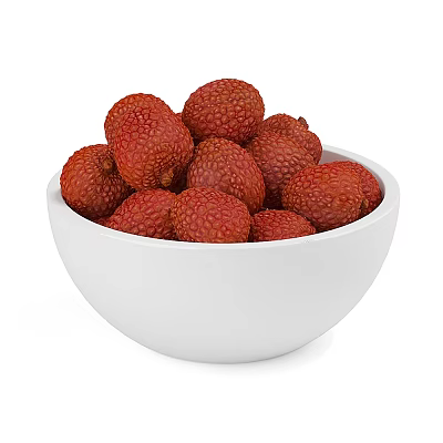 Fresh Plump Ripe Red Lychees in White Bowl on White Background 3d model Fresh Plump Ripe Red Lychees in White Bowl on White Background 3d model