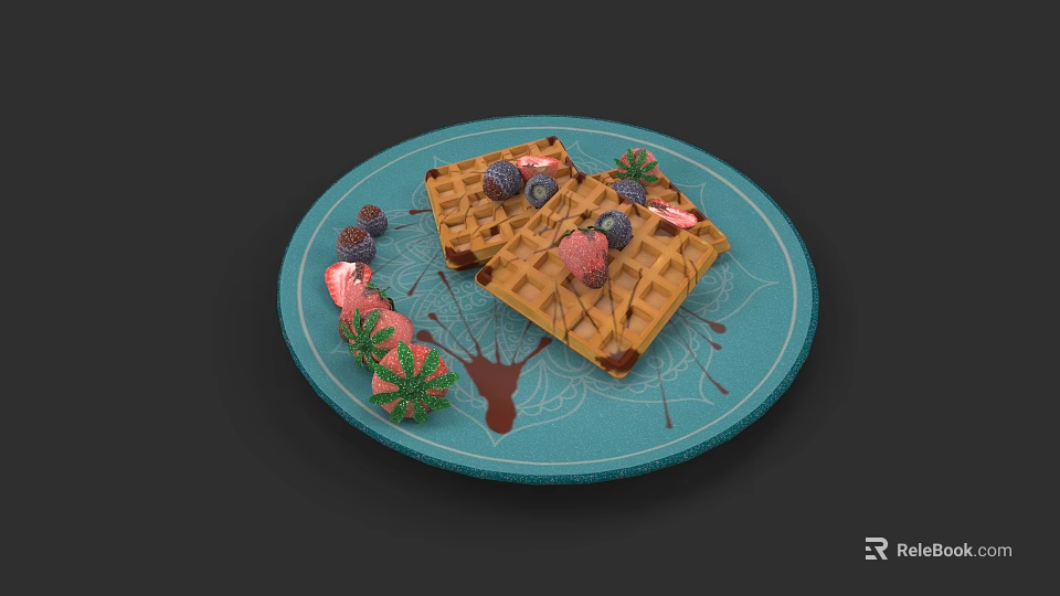 Delicious Waffles Topped With Fresh Berries And Chocolate Sauce On Blue Plate 3d model 