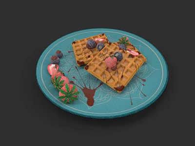 Delicious Waffles Topped With Fresh Berries And Chocolate Sauce On Blue Plate 3d model