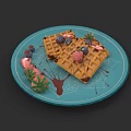 Delicious Waffles Topped With Fresh Berries And Chocolate Sauce On Blue Plate