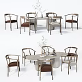Modern Wooden Dining Table Set With Upholstered Backrest Chairs And Vase Decorations