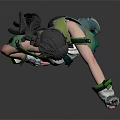 Anime Female Character In Green Black Outfit With Twin Ponytails Making Peace Sign