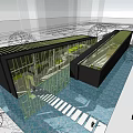 Modern Sales Office Building Exterior With Glass Curtain Wall Entrance Steps And Water Feature