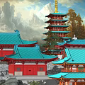 Ancient Chinese Architecture with Pagodas Red Blue Roofs Surrounded by Mountains and Trees