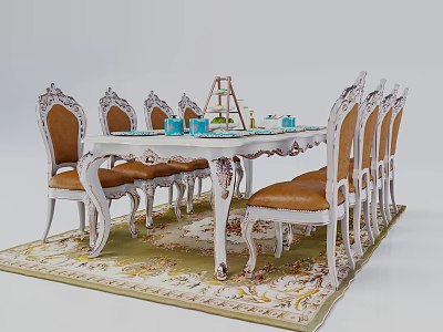 Elegant Dining Table Set With Carved White Frame Chairs Brown Seats And Decorative Rug 3d model
