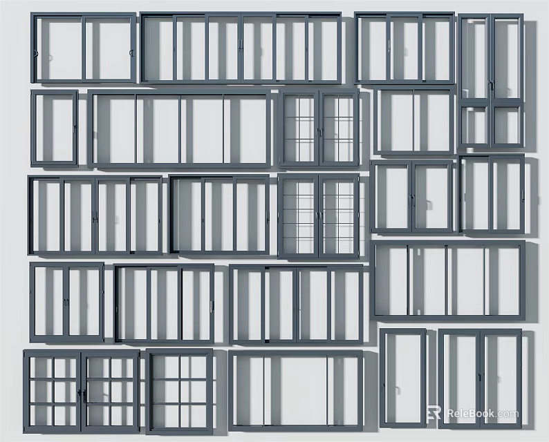 Various Modern Window Designs With Different Glass Panels And Frame Styles 3d model 