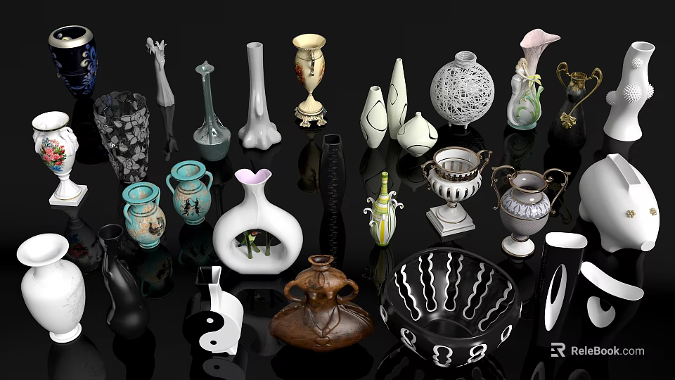 Artistic Ceramic Vessels Showcasing Diverse Shapes Ornate Patterns and Colorful Designs 3d model 