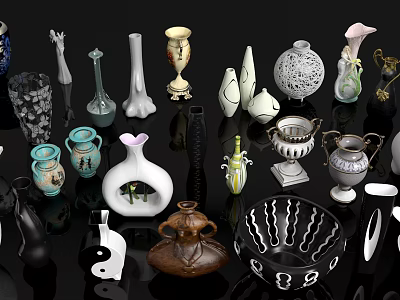 Artistic Ceramic Vessels Showcasing Diverse Shapes Ornate Patterns and Colorful Designs 3d model