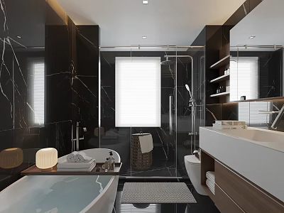 Modern Bathroom Interior Design With Black Marble Walls Bathtub Glass Shower And White Vanity 3d model