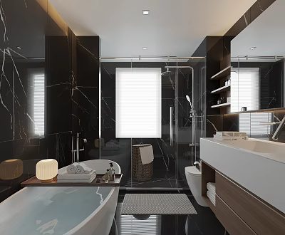 Modern Bathroom Interior Design With Black Marble Walls Bathtub Glass Shower And White Vanity 3d model
