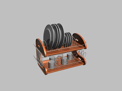 Wooden And Metal Kitchen Dish Rack With Plates Cups Storage Organizer 3d model