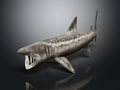 3D Shark Model With Open Mouth Sharp Teeth Spotted Pattern On Dark Reflective Background 3d model