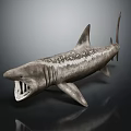 3D Shark Model With Open Mouth Sharp Teeth Spotted Pattern On Dark Reflective Background 3d model