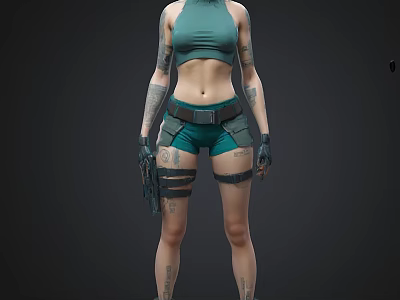Stylish Female Character With Green Crop Top Shorts Tattoos Black Gloves And Leg Straps 3d model