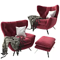 Elegant Red Velvet Ottoman Set Featuring Black Legs White Pillow And Blanket