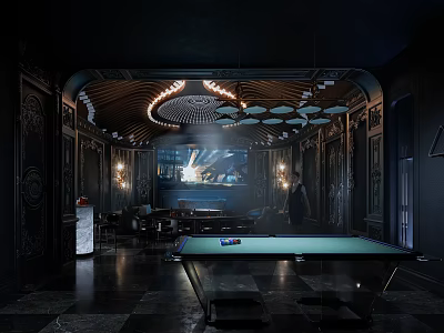 Luxurious Dark Toned Bar Interior with Pool Table Chandelier Style Lights Modern Decor and People 3d model