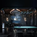 Luxurious Dark Toned Bar Interior with Pool Table Chandelier Style Lights Modern Decor and People