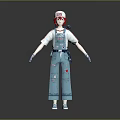 Man with red hair white cap blue overalls red star patterns tool belt blue gloves