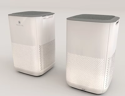 Two White Modern Air Purifiers With Perforated Surface And Top Panel Design 3d model