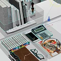 Organized Desk With Clear Organizers Books Stationery Calculator Phone And Headphones