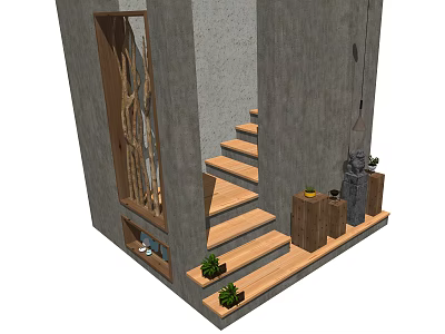 Wooden Staircase Design With Concrete Wall And Decorative Plants On Steps 3d model