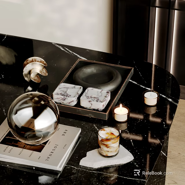 Elegant Decorative Ornament Set With Metal Tray Marble Coasters Lit Candles On Black Marble Countertop 3d model 