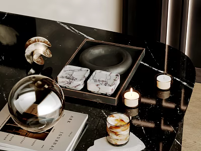 Elegant Decorative Ornament Set With Metal Tray Marble Coasters Lit Candles On Black Marble Countertop 3d model